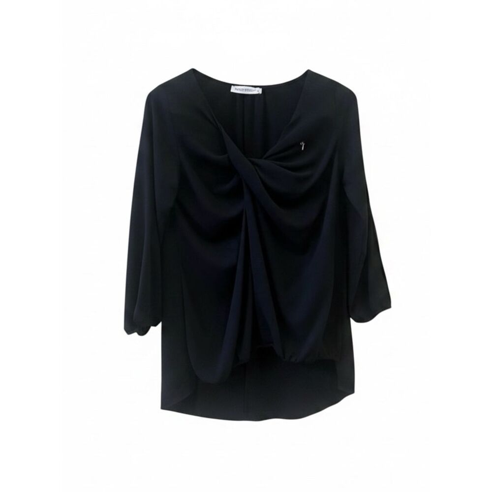 Rinascemento Blouse Sz Medium‎ Italian Black Draped Front Low High Hem